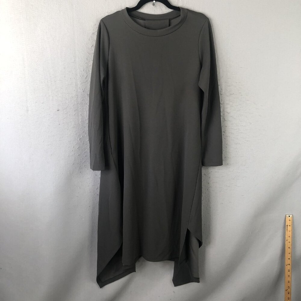 XD Xenia Design Dress Womens Large Gray Asym Hem Long Sleeve Swing Midi Gosi